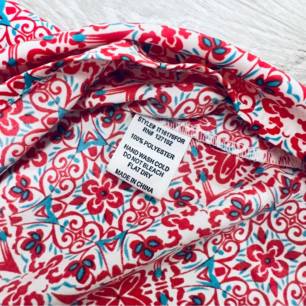 Pink Owl 3/4 Sleeve Tunic Blouse Top Red Turquoise Coral White V Neck - Picture 4 of 8